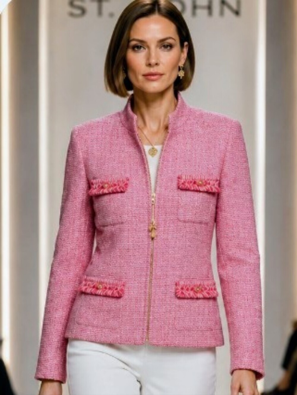 St. John Pink White Tweed Signature Key Lock Zip Jacket Gold Charm S/P - Picture 2 of 8